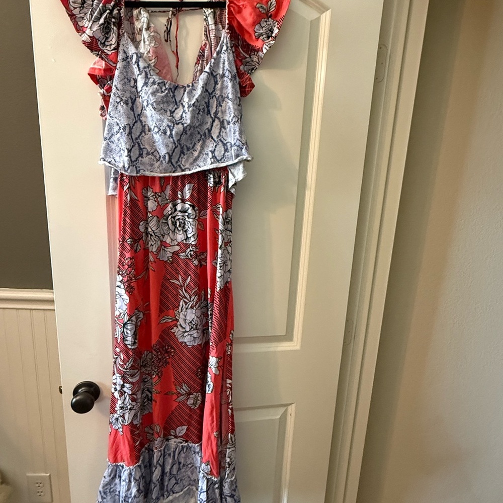 Anthropologie Coral and Blue Floral Maxi Dress